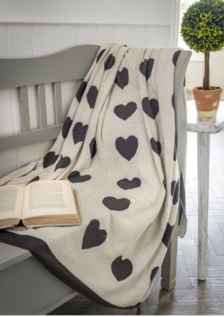 Hearts Reversible Knitted Grey & Ivory Throw