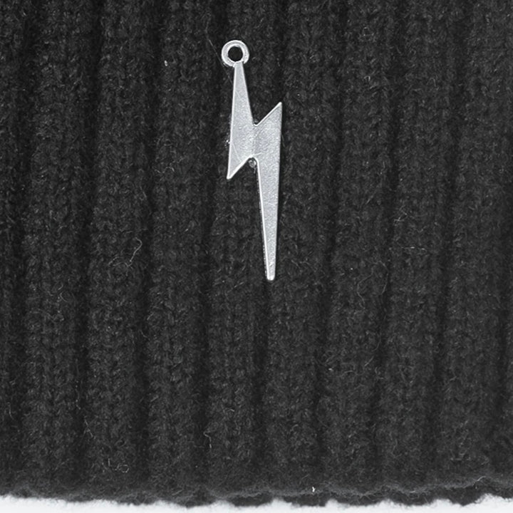 Black Lightning Bolt Detail Pom Pom Hat