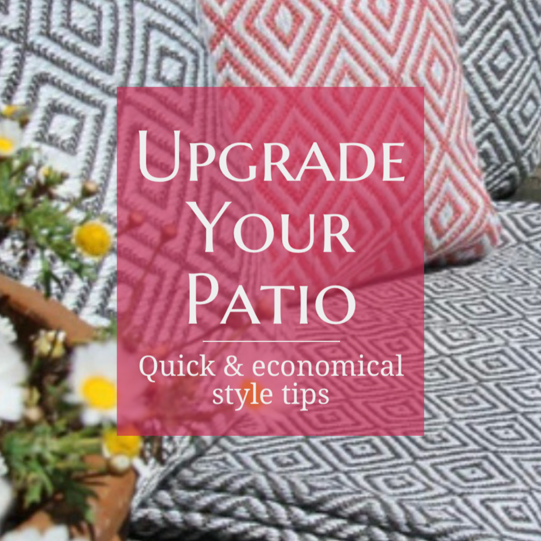 Upgrade Your Patio Text with Daisies and Diamond Pattern Cushion and throw in pink, grey and white