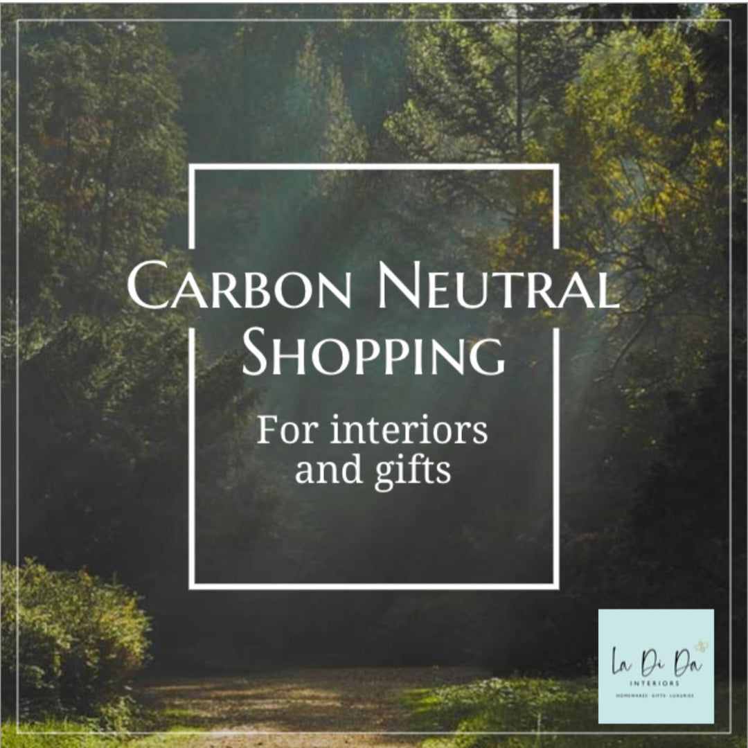 Carbon Neutral Shopping for Interiors and gifts. Trees dappled with sunlight with road