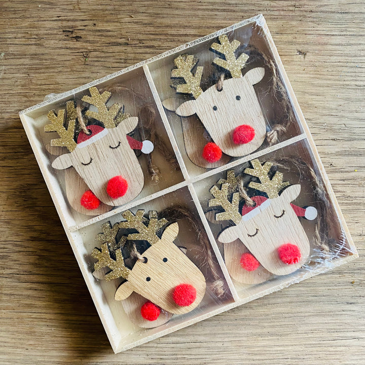 Wooden Reindeer Head Christmas Decorations Set of 8