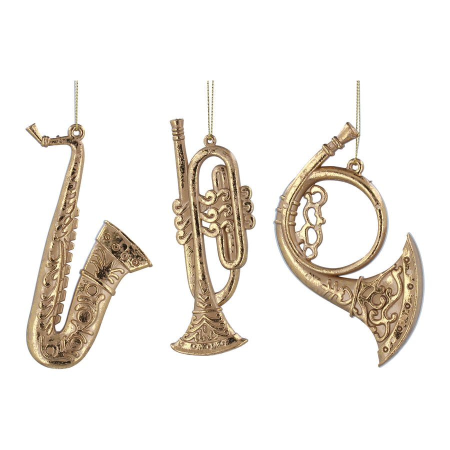 Gold wind instruments set of 3 christmas decorations