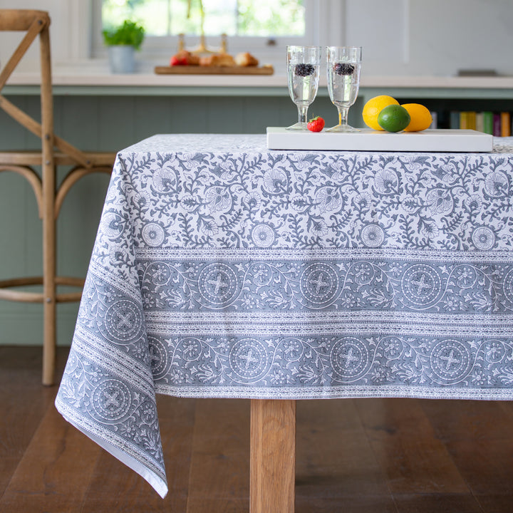 Hand Block Printed Grey and White Tablecloth