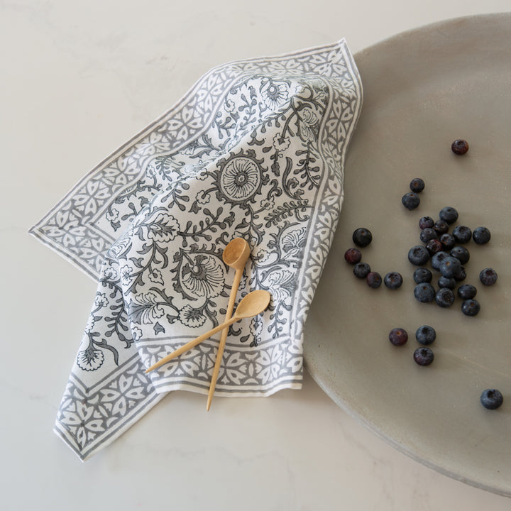 Hand Block Printed Grey and White Cotton Napkins Set of 4