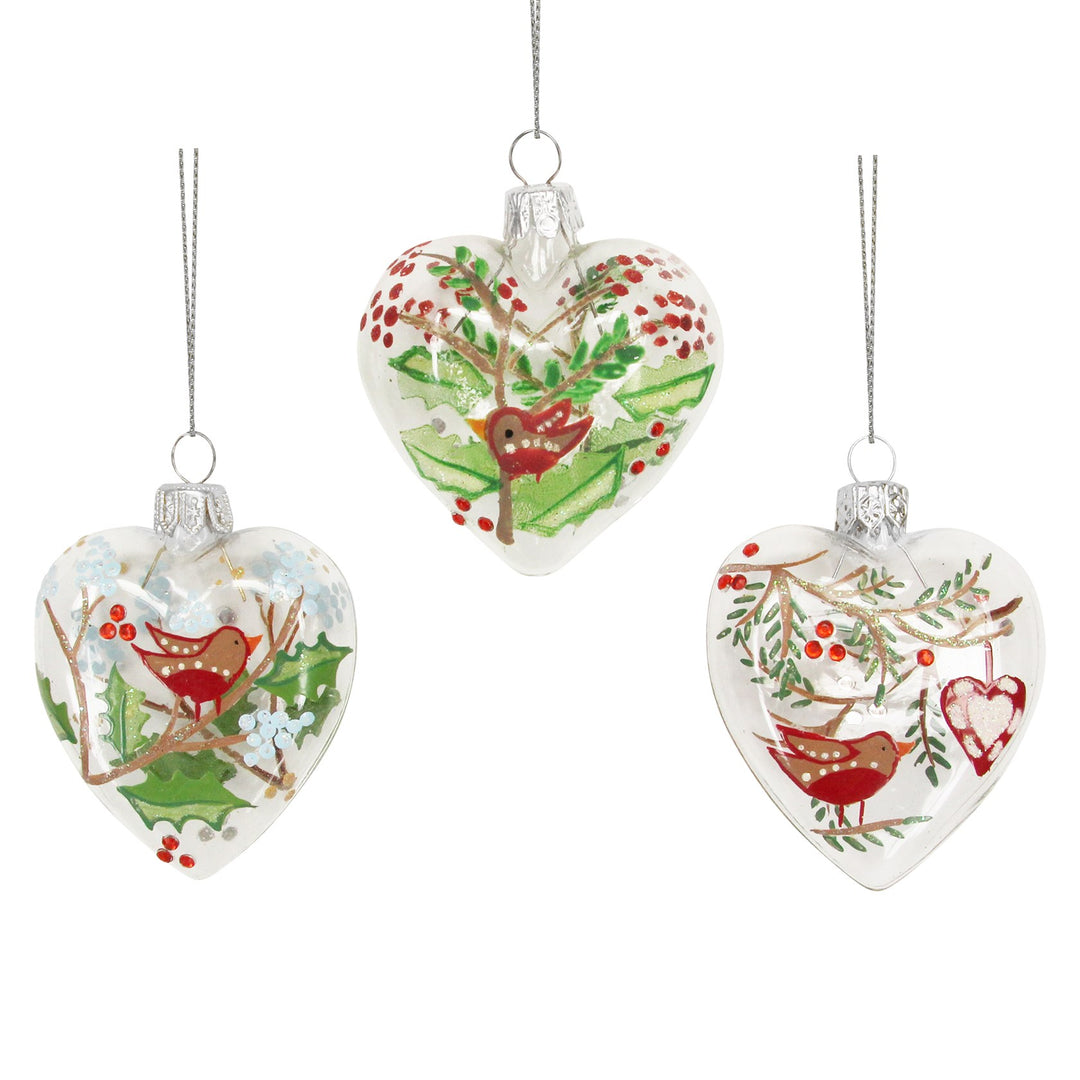 Set of 3 Glass Heart Robin Christmas Tree Decorations