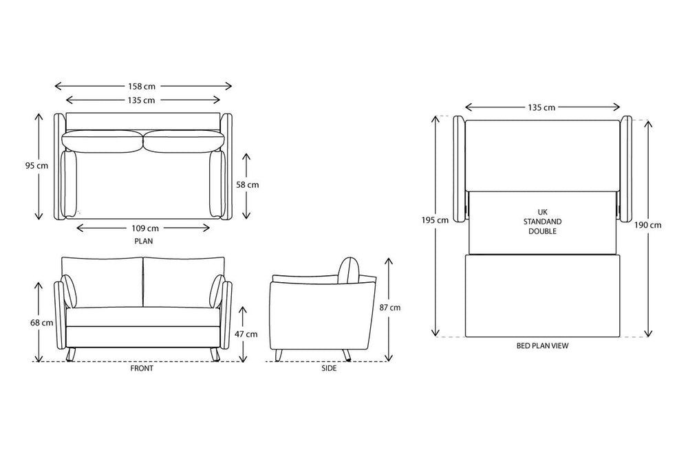 Model 08 Swyft Sofabed line drawings with dimensions