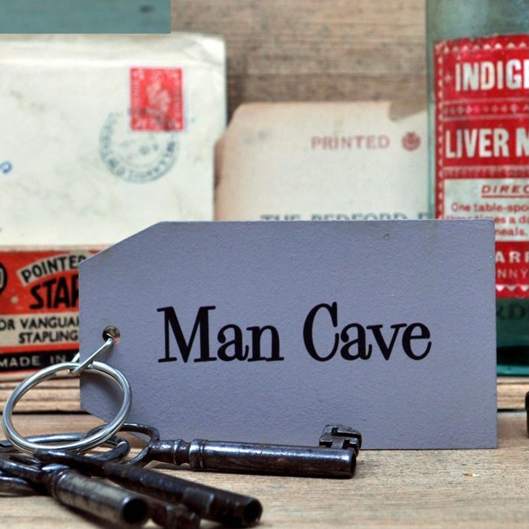 The Man Cave Wooden Painted Keyring