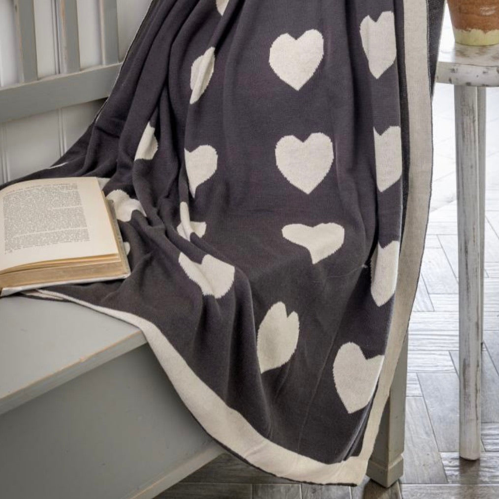 Hearts Reversible Knitted Grey & Ivory Throw