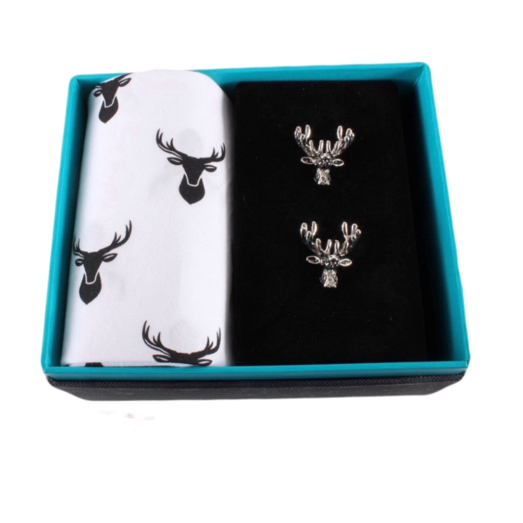 Stag Cufflinks and Pocket Square Gift Set