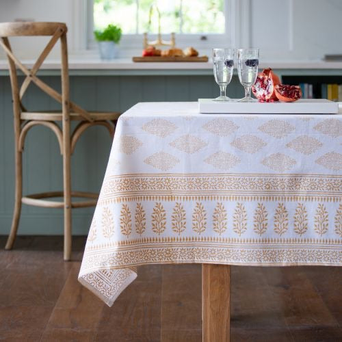 hand block white gold table cloth